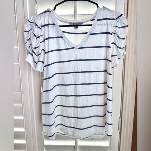 Green Envelope LA Puff Sleeve Striped V-Neck Tee Small White Blue